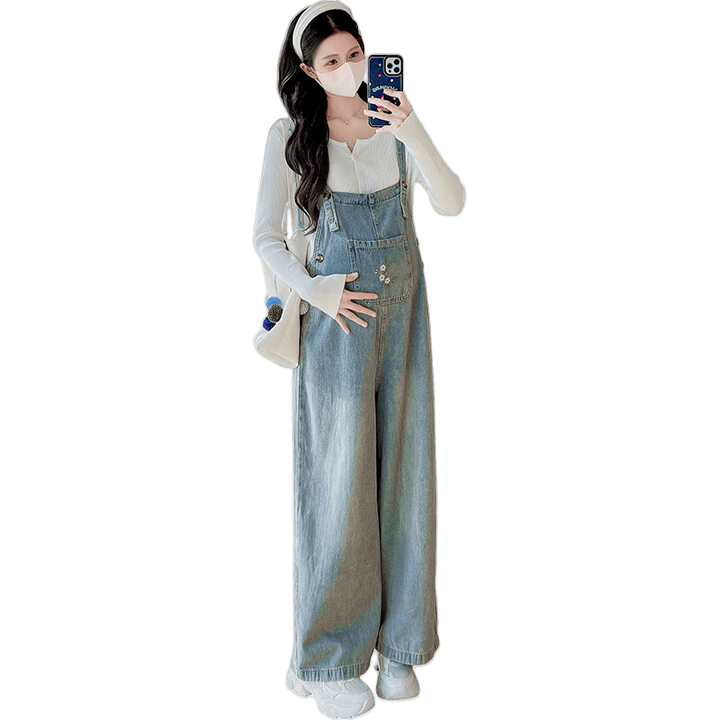 苒琦媽咪孕婦裝2026春秋季新款孕婦背帶褲套裝牛仔闊腿褲休閑減齡兩件套 單件牛仔背帶褲 M