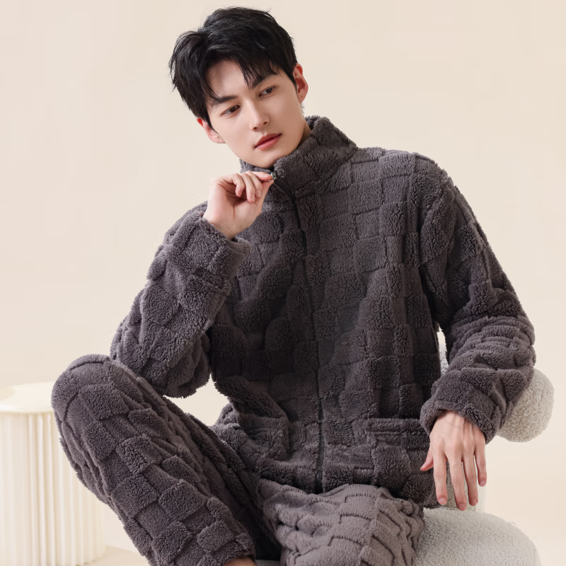 雪中飞睡衣冬季男2025年新款拉链加绒加厚珊瑚绒可外穿大码家居服套装 NSCJF-深灰方格拉链 L 【建议110-130斤】
