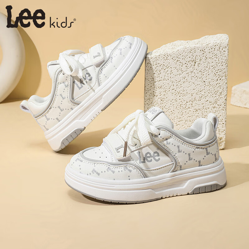Lee童鞋儿童运动鞋【魔术贴小白鞋】春季校园透气男女童休闲板鞋 米白 28 【建议脚长174mm】