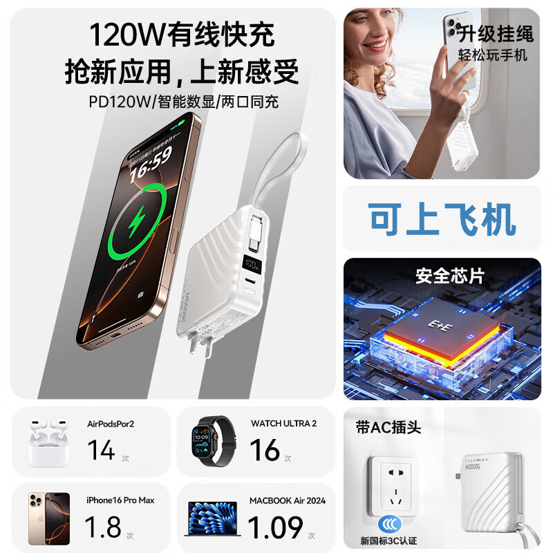 e+e 3C认证【120W丨三合一】自带插头带线双向超级闪充电宝器大容量移动电源适用苹果小米华为 樱花粉5.0顶配版提速999% 型号全系兼容 不伤机安全快充丨可上飞机