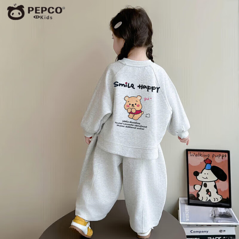 小猪班纳（PEPCO）女童秋季卡通卫衣套装2025新款休闲秋款洋气儿童秋装女宝宝两件套 WT【小熊】套装-白花灰 女孩 90 (建议身高80-90cm)