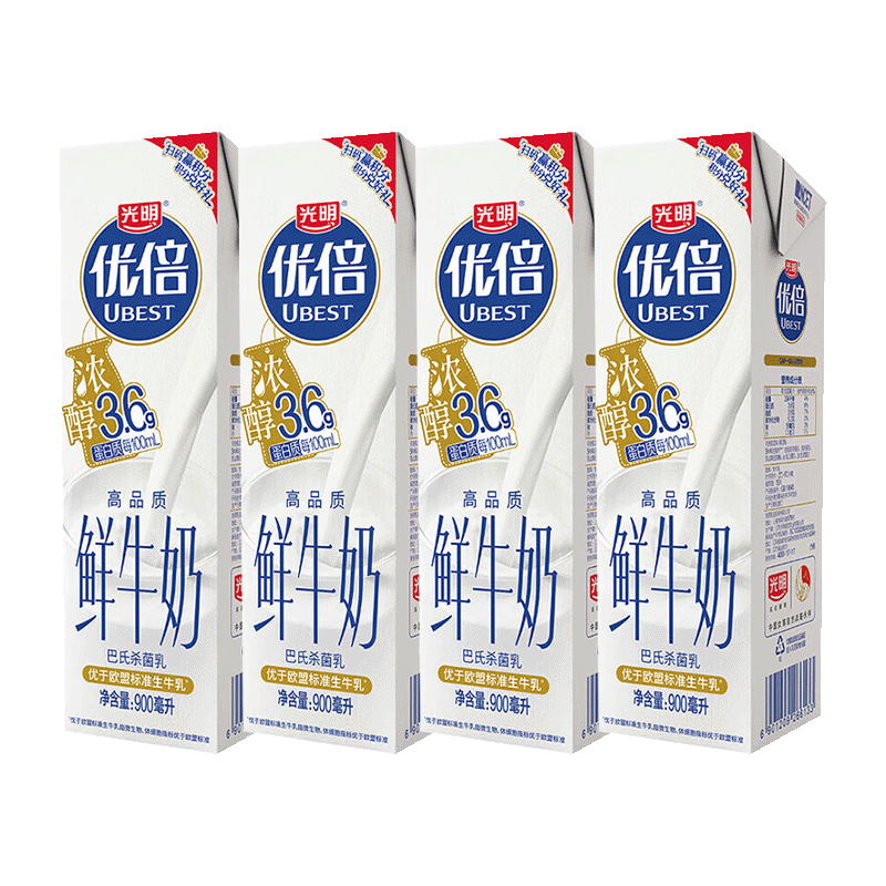 光明优倍3.6g浓醇鲜牛奶900ml*4瓶【吴磊推荐】75℃巴氏杀菌