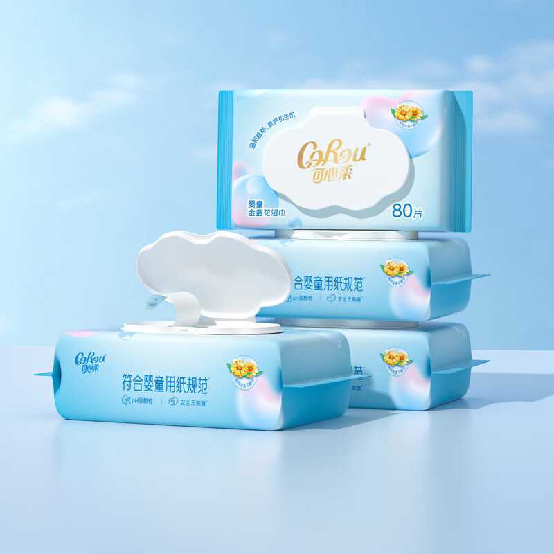 可心柔（COROU）婴儿手口湿巾新生儿宝宝清洁护肤柔润湿纸巾 【金盏花婴儿湿巾】 80抽 4包