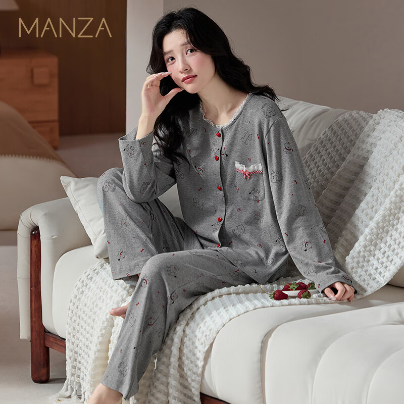 玛伦萨100%纯棉睡衣女春秋季2025新款可外穿长袖长裤圆领大码女士家居服 花灰 L