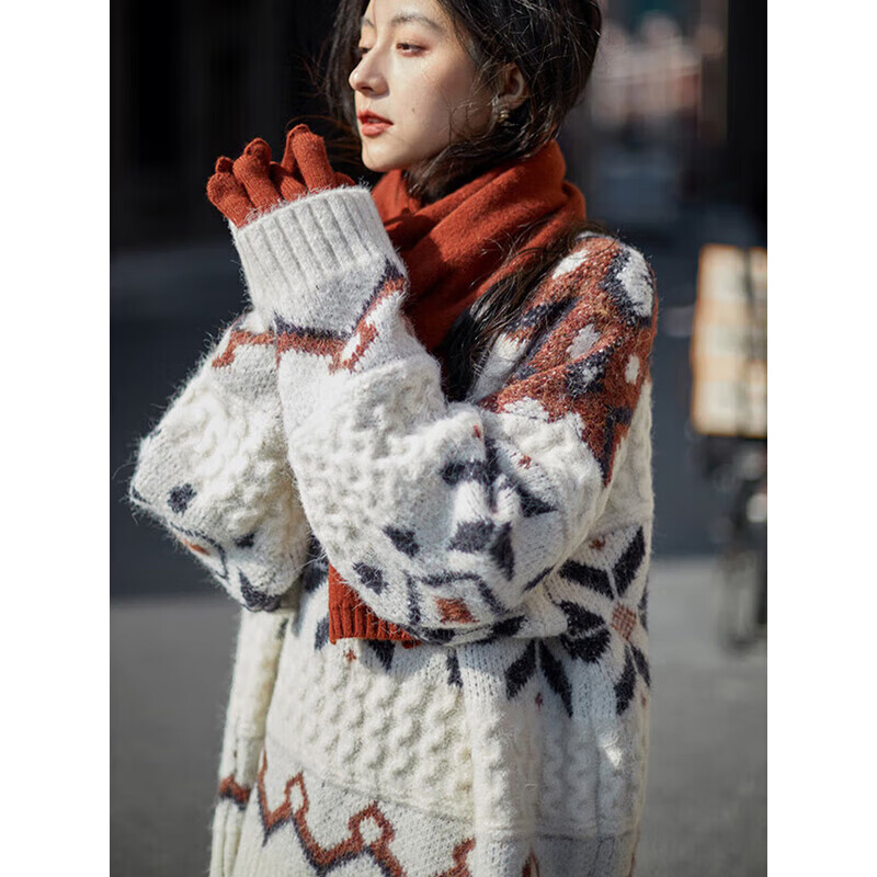 妙恋多毛衣女外穿冬季加厚宽松圆领套头针织衫温柔费尔岛小众设计感上衣 米白色 【针织毛衣】 均码 【建议90-140斤】