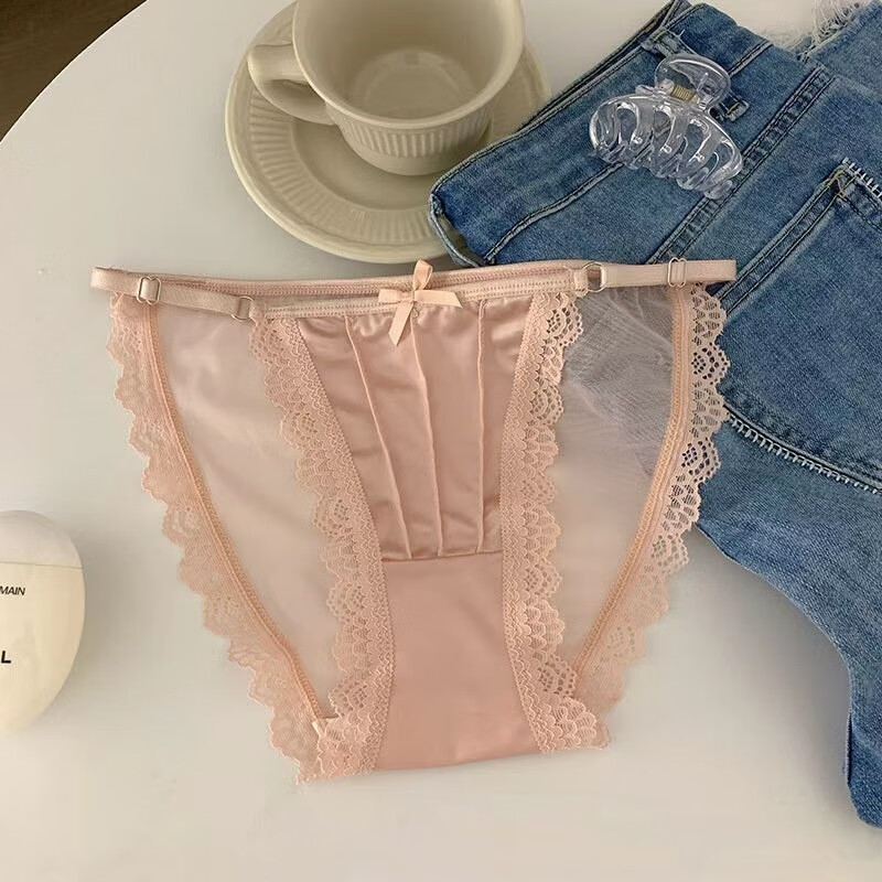 稚蝶三角内裤少女冰丝缎面纯欲风性感高叉网纱 女士蕾丝低腰裤头 粉色 1条 L （125-140）