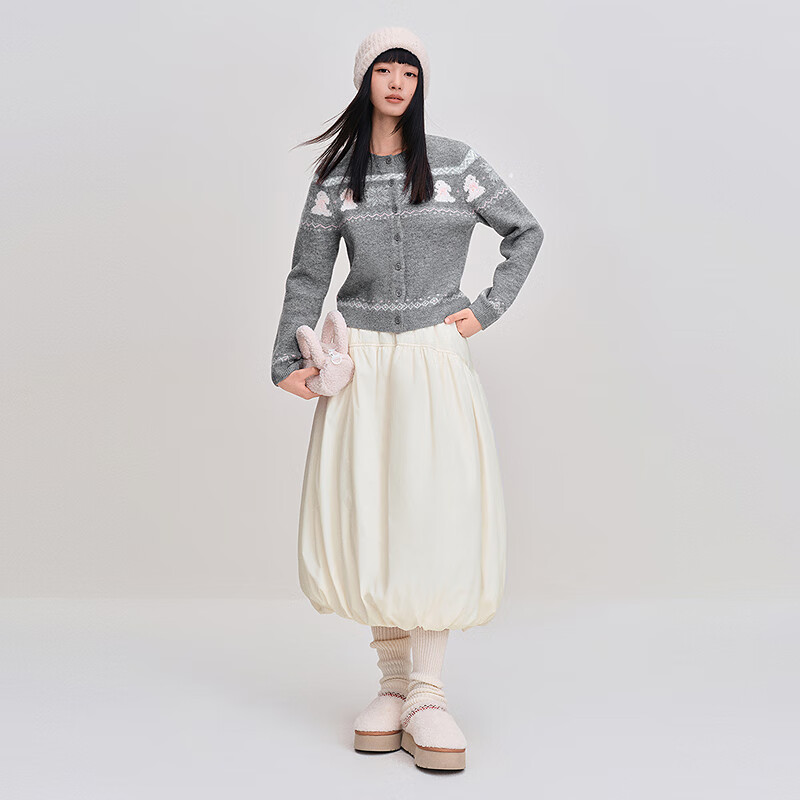 乐町【费尔岛】兔子提花针织开衫女秋冬新款纹样系列正肩内搭上衣 锡灰色（现货） S