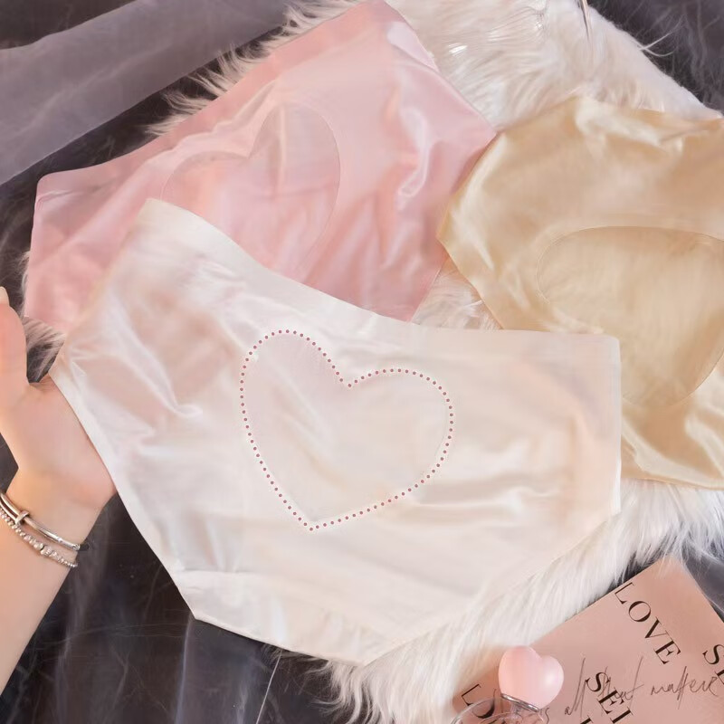 稚蝶冰丝性感蜜桃臀内裤女纯欲爱心镂空裤衩无痕女士三角裤 混色 红杏+纯白+纯黑随机 3条 L （125-140）