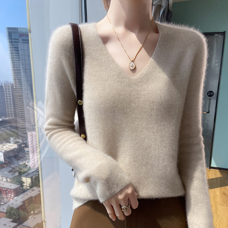 香影芬一线成衣100%羊毛衫女秋冬新款内搭毛衣女加厚V领羊毛针织打底衫 紫绒驼 XL (建议115-125斤)