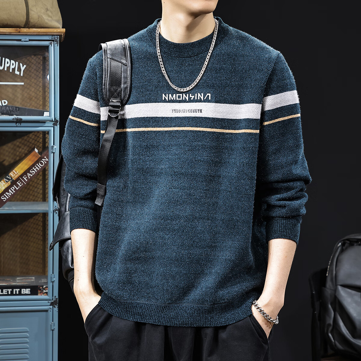 新百伦加绒毛衣男士圆领秋冬款加厚保暖长袖休闲毛线衣内搭上衣男 米灰 加绒 XL 码【建议130-145斤】