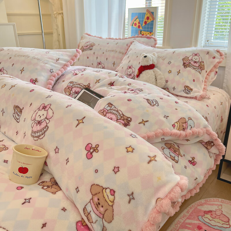猫人（MiiOW）卡通牛奶绒床上四件套秋冬加厚珊瑚绒床单被套罩三件套床上用品 甜心下午茶【加厚加密】 1.8m 床单款 四件套-200x230cm被套