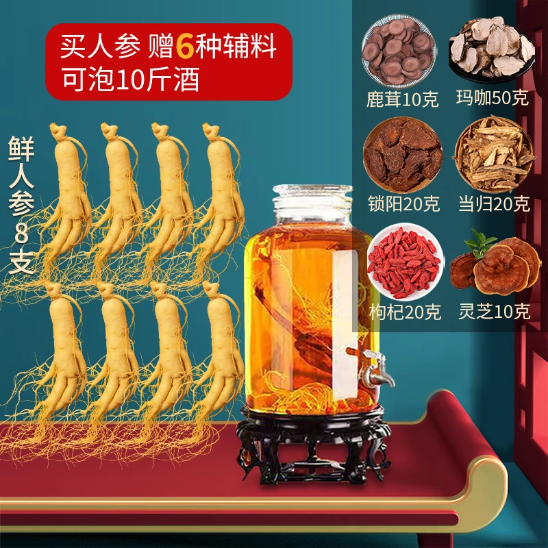 长白山人参泡酒料人参或野山参+鹿茸+锁阳+当归+枸杞+灵芝+玛咖不替代药材 保鲜人参150g礼盒+6味泡酒材料