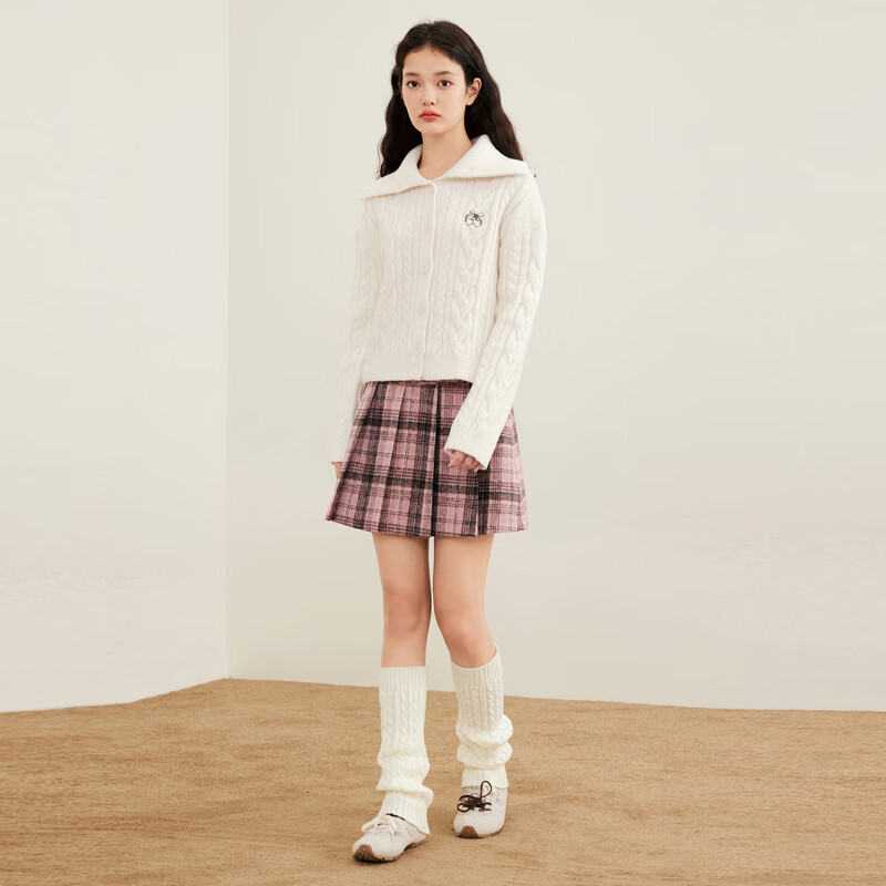 乐町大翻领线开衫立领两穿毛衣宽松外套 香草白（现货） S