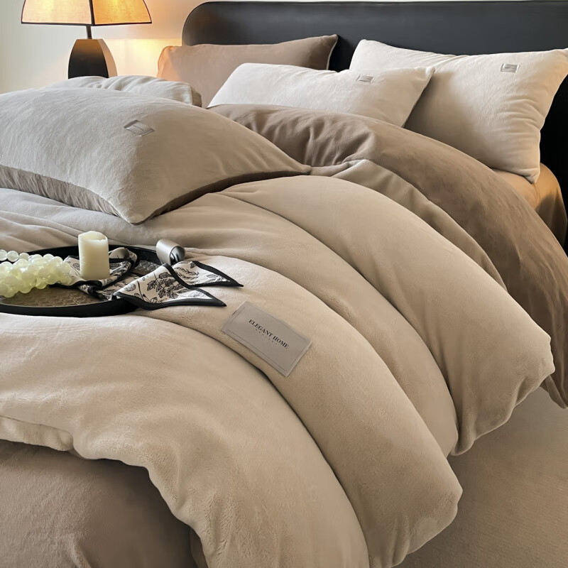 诸禄南通叠石桥牛奶绒四件套冬季保暖舒适纯色毛绒床单被套双人床品 香芋柴深灰 床笠款 1.8m被套加大四件套