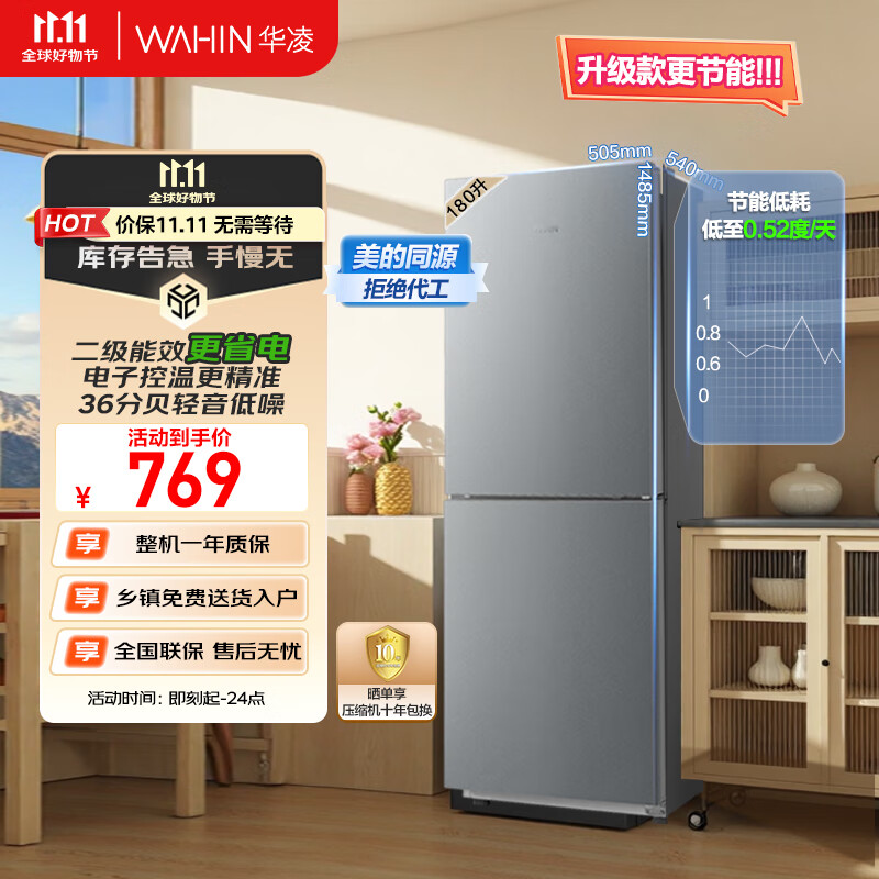 华凌189 美的出品国家补贴二门两门家电冰箱小型家用出租房双门二级能效节能家用冷冻小冰箱HR-189
