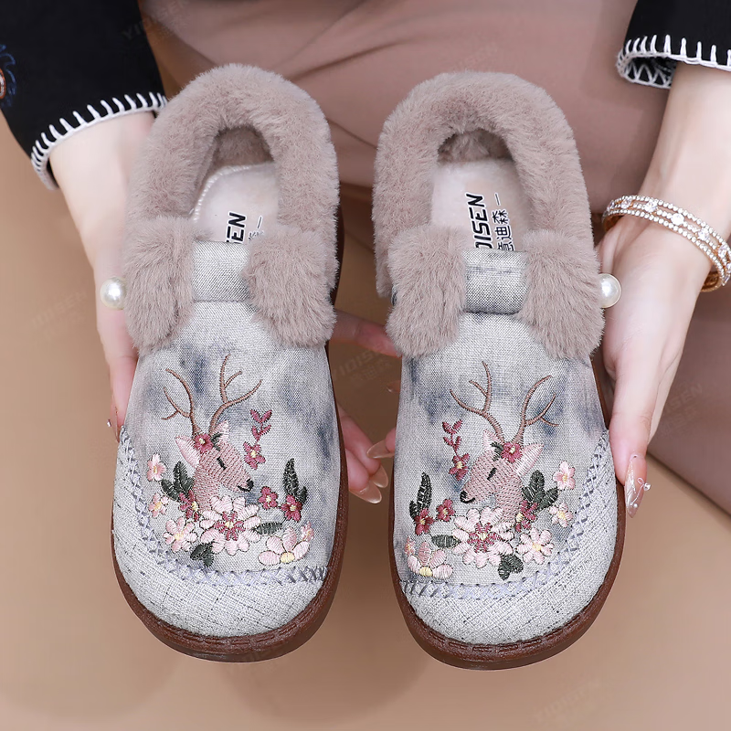 意迪森【一鹿生花】老北京布鞋加绒加厚保暖棉鞋女国风刺绣一脚蹬防滑底 灰色加绒 36 (230mm)