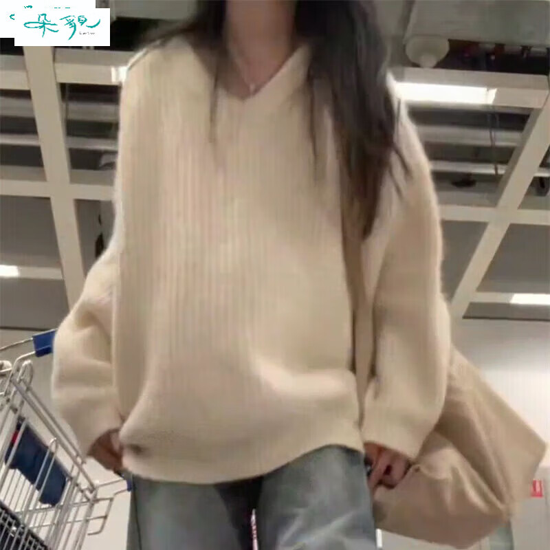 朵貌日系慵懒风白色宽松v领毛衣女学生2025冬季新款软糯针织衫上衣潮 米白色 L