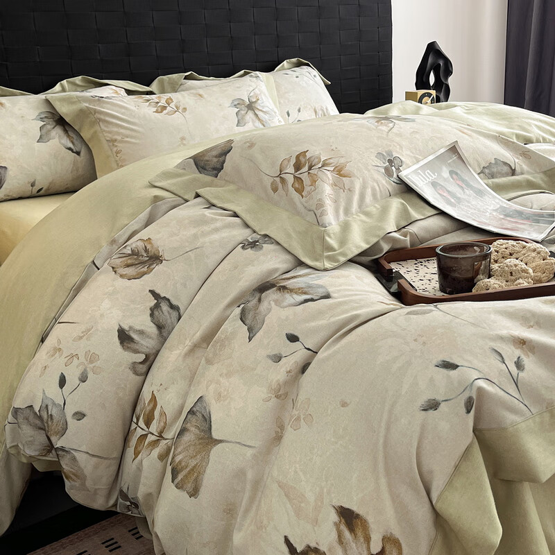 Krupp Corp纯棉100支长绒棉贡缎拉绒保暖秋冬四件套 全棉双股纯净磨毛套件 衫叶-yc 床单款 1.8米床(被套200*230cm)