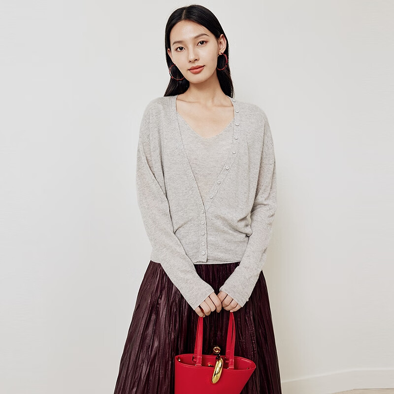 FIRSTSTATION时尚圆领假两件山羊绒套头针织毛衣女25秋新款9581A 灰色 M