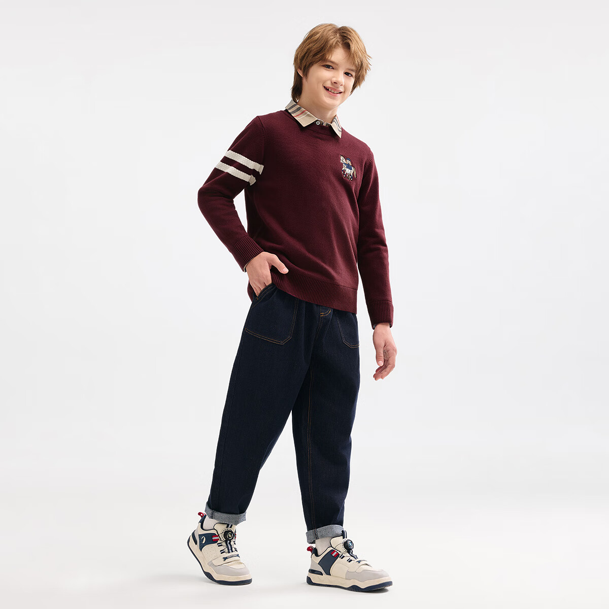 暇步士(Hush Puppies)童装儿童男大童冬季新款舒适柔软休闲文艺百搭套头线衣 波尔多红 140 cm