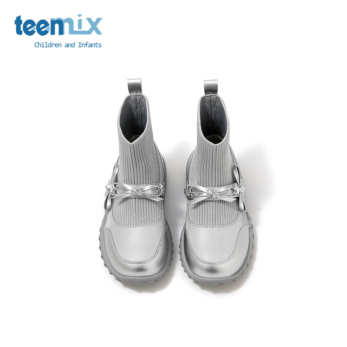 天美意天美意童鞋2025年春秋新款小女孩蝴蝶结公主靴女童百搭中大童袜靴 银色 30