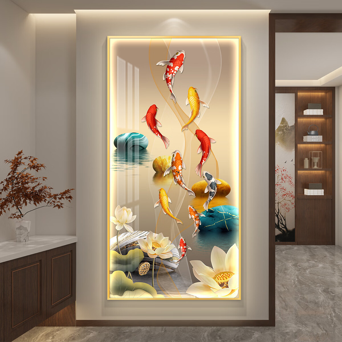 九鱼图入户玄关装饰画灯光画鲤鱼莲花画高级感客厅过道背景墙挂画 a款
