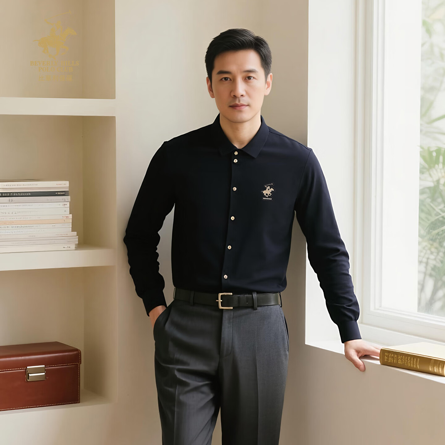 比华利保罗【亲肤舒适】2025秋冬新款针织长袖衬衫外套男秋装上衣225121317 黑色 M