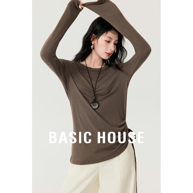 Basic House/百家好简约长袖抽绳上衣2025秋冬修身显瘦套头T恤女 棕色 M