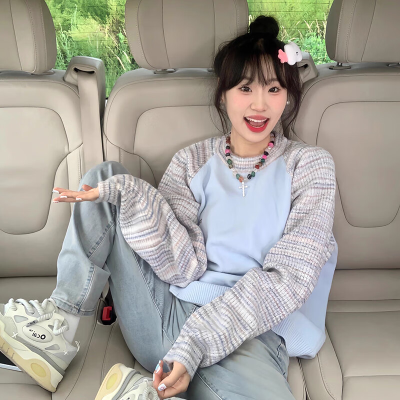 相伊恋人毛衣女外穿针织衫25秋冬新款潮流外套慵懒风保暖圆领套头拼接外衣 蓝色【奶油显瘦抗起球】 均码