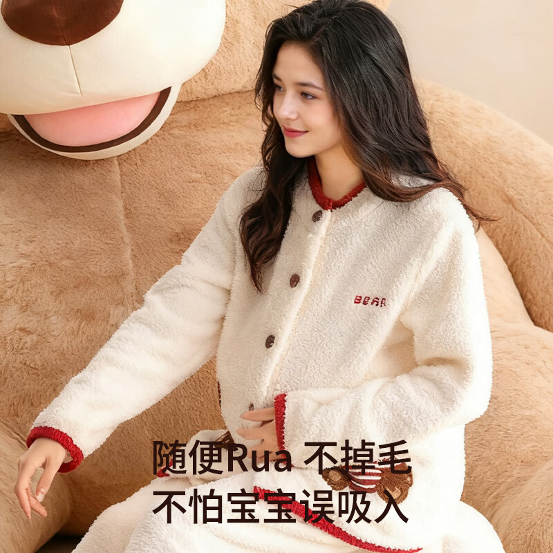 ROVO月子服孕妇睡衣秋冬产后加绒加厚半边绒哺乳孕期保暖家居服套装 【半边绒240克】暖暖熊（适用于0~15℃ 不带哺乳口） XL【建议体重120-140斤】