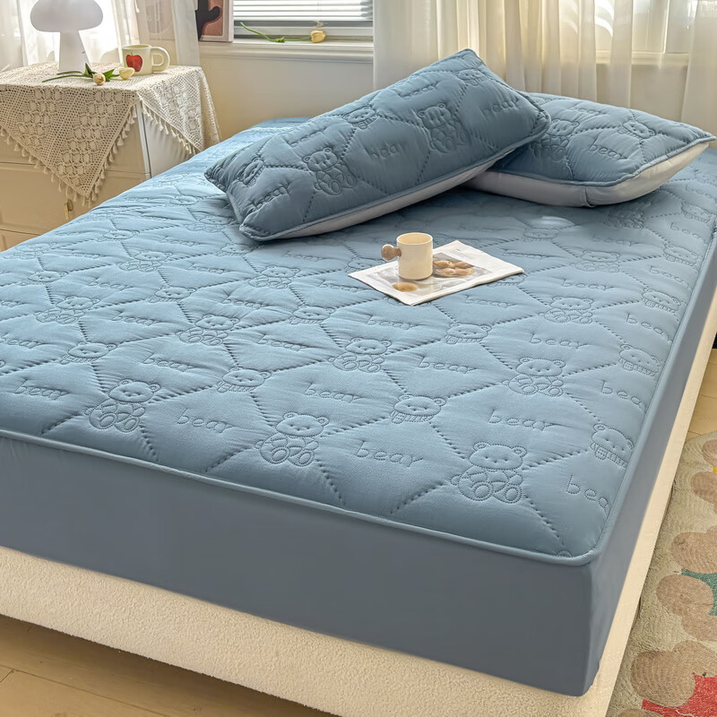 雅鹿加厚夹棉床笠防尘绗缝床罩三件套隔脏床盖床垫保护套床上用品 小熊夹棉床笠-宾利蓝【蓬松柔软 四季通用】 150*200cm单床笠