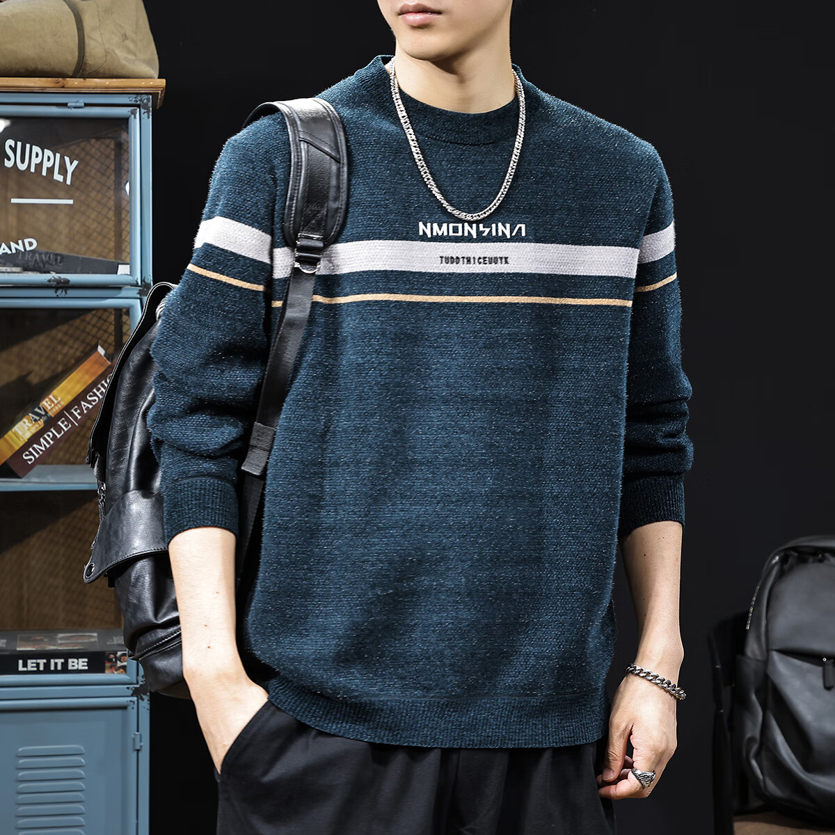 新百伦加绒毛衣男士圆领秋冬款加厚保暖长袖休闲毛线衣内搭上衣男 米灰 加绒 XL 码【建议130-145斤】