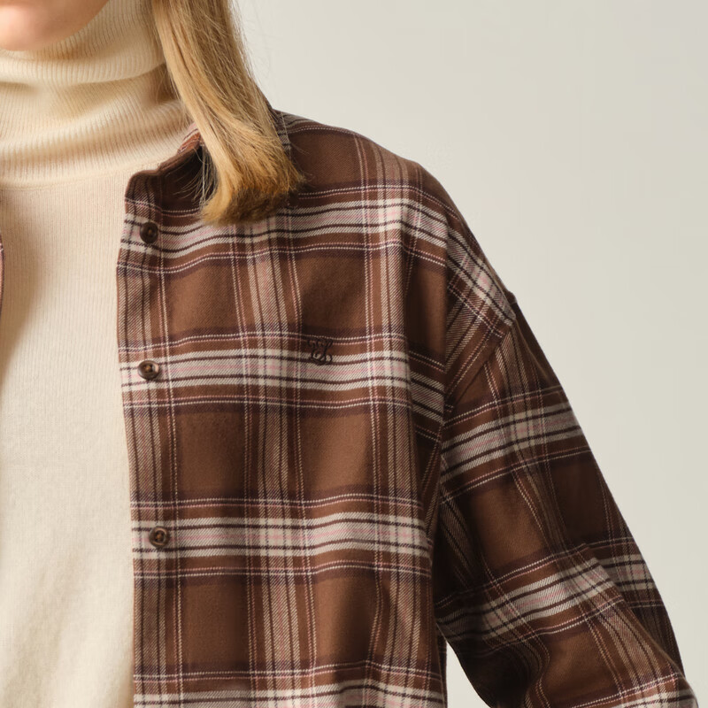 ELAND【100%棉】衣恋衬衫女气质翻领格纹长袖通勤上衣2025冬新款 棕色(85)Brown S /160