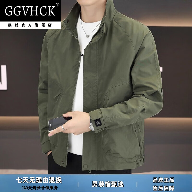 GG VH CK品牌轻奢夹克男士秋季新款立领简约商务休闲工装外套男装春秋款 黑色【加棉款】 4XL