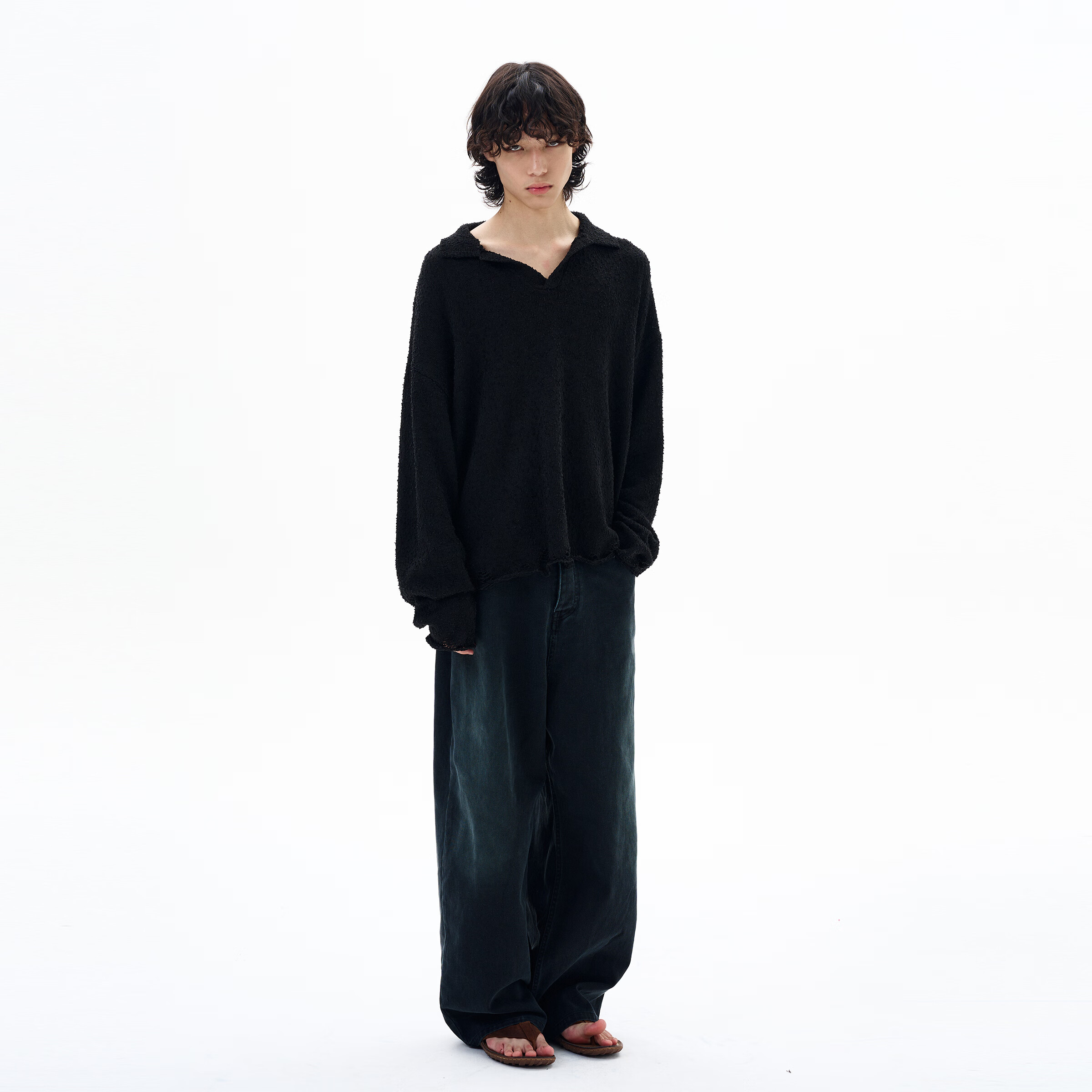 尾郎的店秋季美式复古颗粒感针织衫男慵懒高级感松弛感毛衣情侣潮新年 黑色 M
