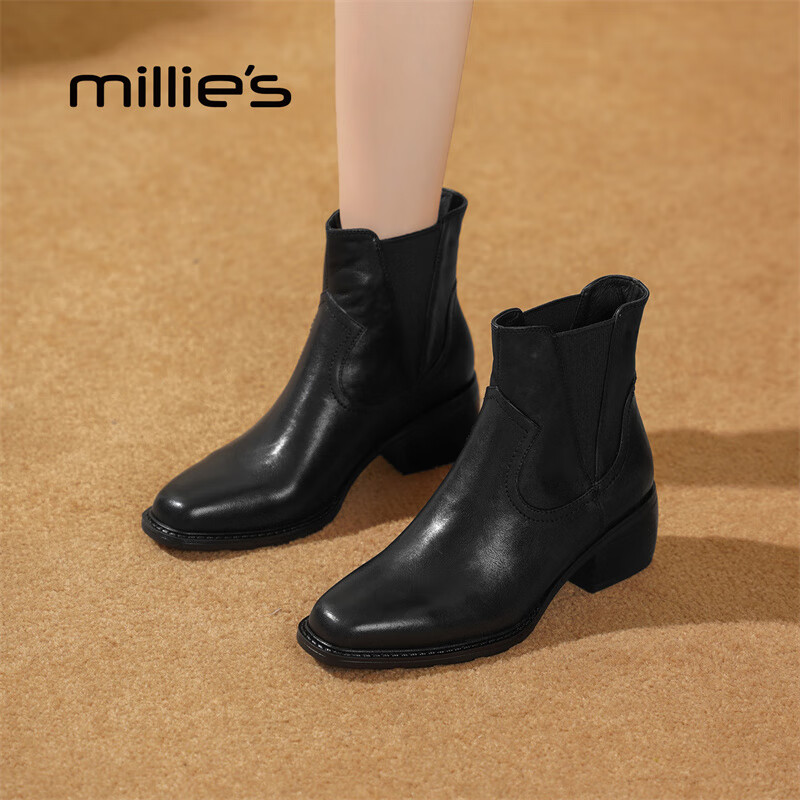 妙丽短靴女粗跟时尚轻便潮流烟筒靴2025冬季新款百搭通勤时装靴 黑色 39 (245mm) 标准码