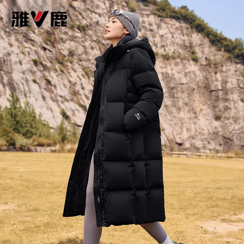 雅鹿极寒羽绒服女冬季2026新款长款过膝时尚户外运动加厚保暖外套 曜石黑 L 建议125-140斤