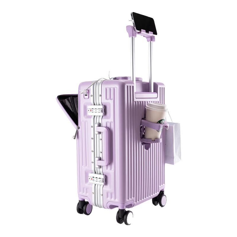 Walker Shop轻奢品牌行李箱铝框登机箱男前开盖多功能拉杆箱密码旅行箱 紫色 26英寸