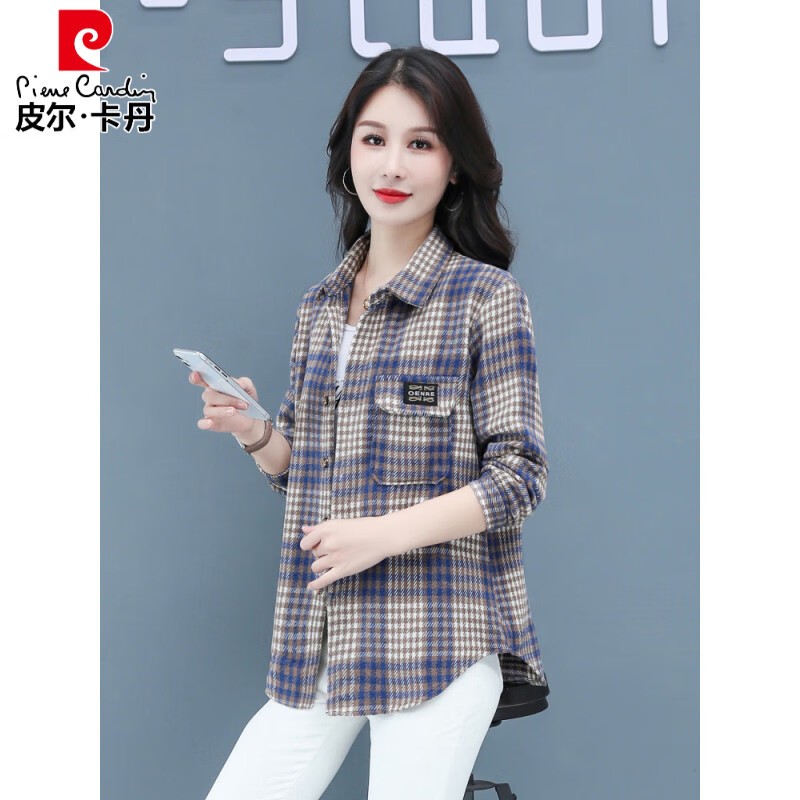皮尔卡丹(pierre cardin)毛呢格子衬衫女2025新款秋季时尚复古港味宽松加厚衬衣春秋装外套 千鸟蓝【毛呢格子衬衫】593ZHYL1560 XL (85-100)