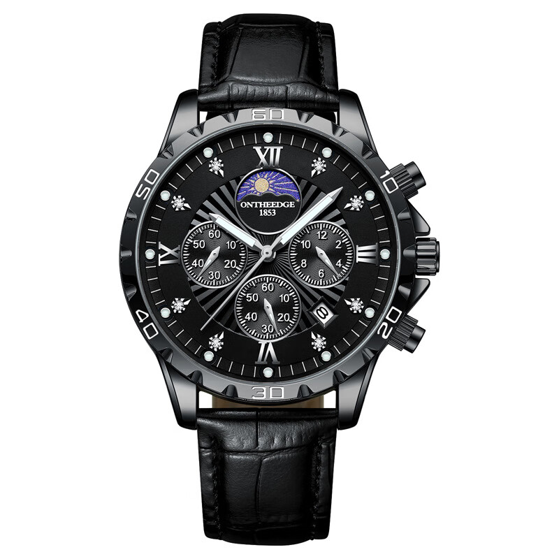 瑞之缘（ONTHEEDGE）四眼六针运动机械表盘男士手表防水夜光时尚高颜值石英表送礼物 全黑皮【终身质保+送精美礼盒】