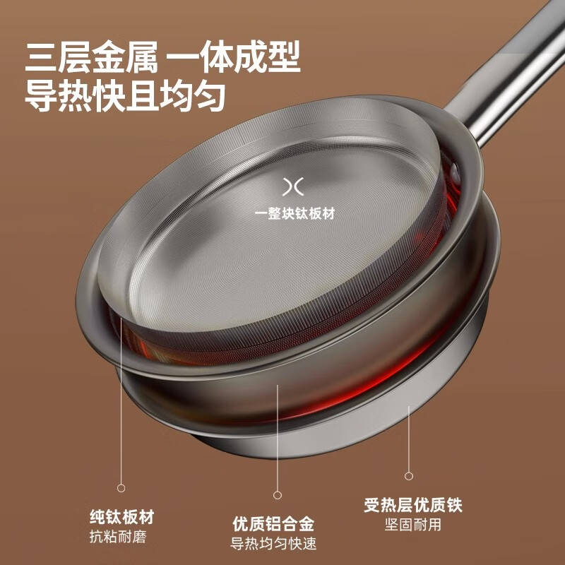 三头鹰德国三头鹰纯钛无涂层奶锅宝宝辅食锅多功能煎煮一体不粘锅三件套 纯钛煎盘 16cm