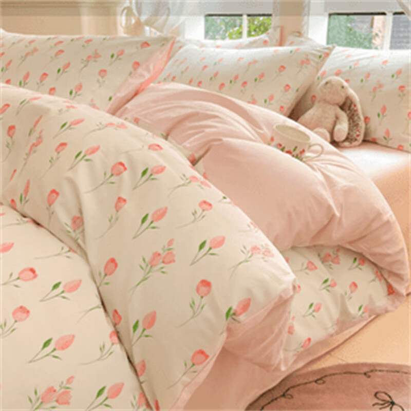 猫人（MiiOW）床上用品四件套全棉100纯棉2025新款被套单人学生宿舍床单三件套 粉色花花【100%新疆全棉 适合裸睡】 床单款 0.9/1.2m三件套适合150x200cm