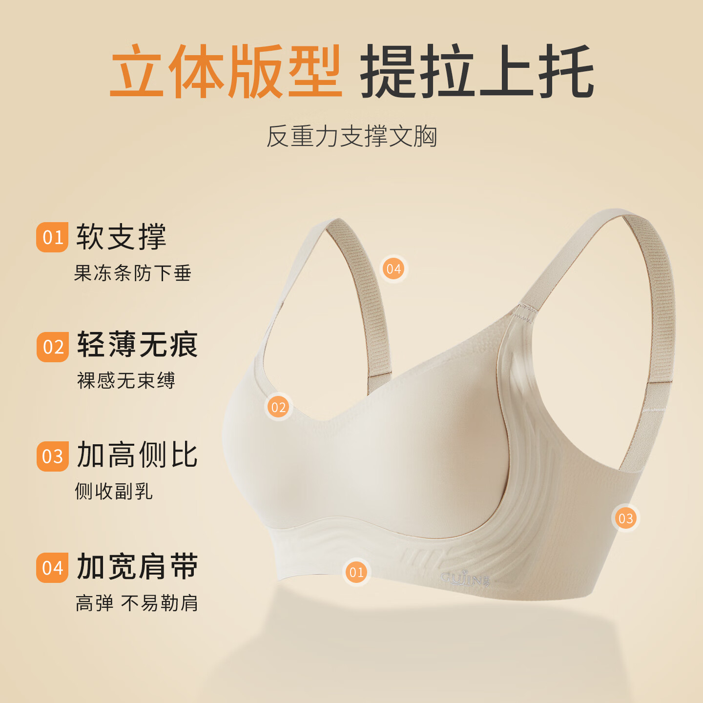 古今内衣女士文胸罩无钢圈无痕聚拢上托防下垂收副乳不空杯夏季防滑 杏色 M 160/85