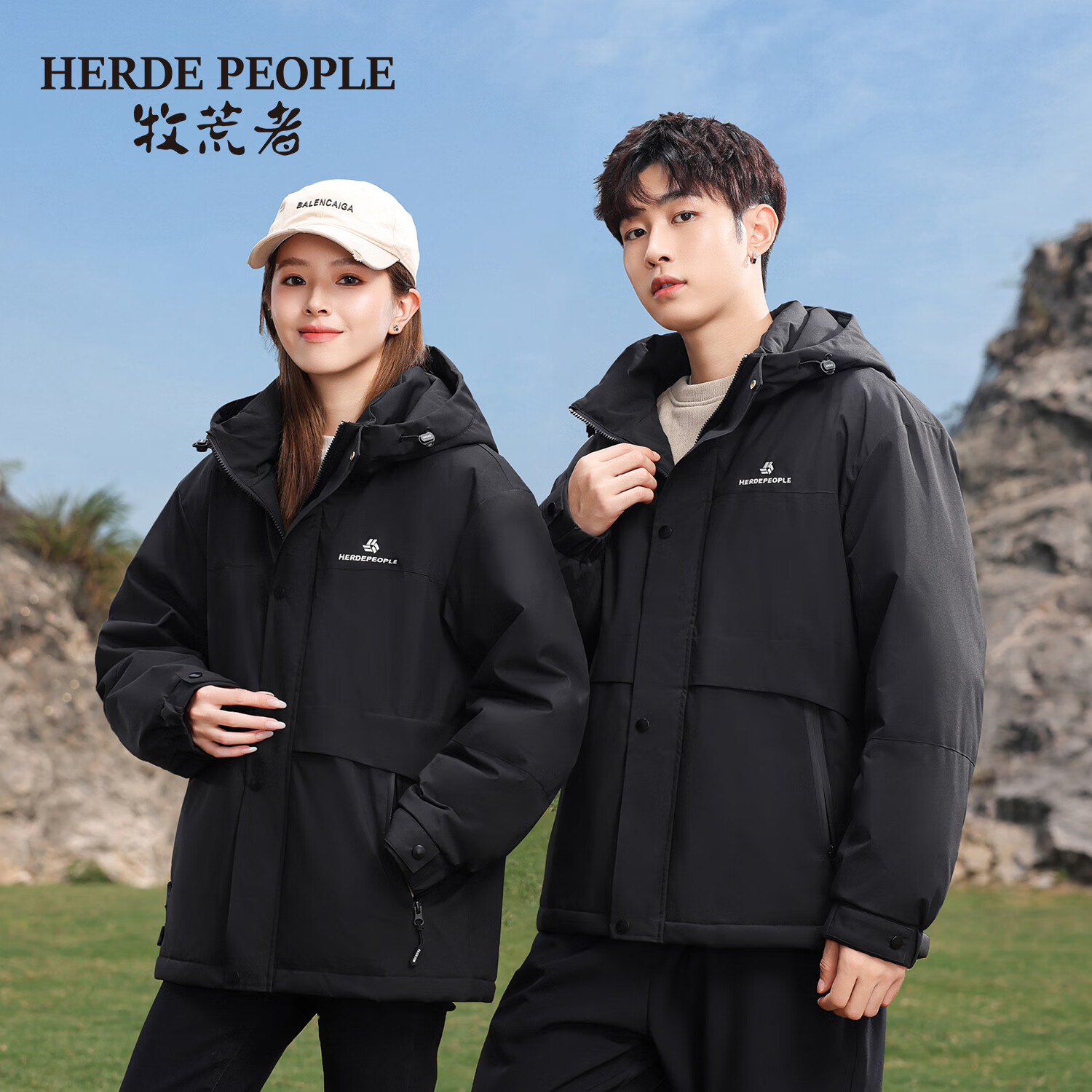HERDE PEOPLE 牧荒者冬季连帽宽松棉服男女情侣同款休闲保暖加厚上衣外套  黑色   S