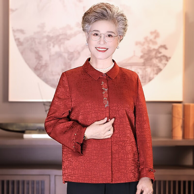 唐致中老年妈妈女款秋装时尚翻领新中式国风外套老人奶奶太太秋季衣服 橘红+黑色裤 5XL 【建议156-170斤】