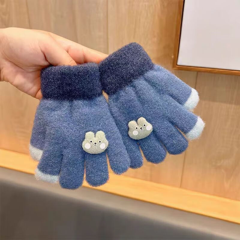 彩虹房子儿童手套男童女童秋冬宝宝保暖防寒学生小孩手套合集 可爱五指手套牛仔蓝-参考2-5岁 【锦纶材质】