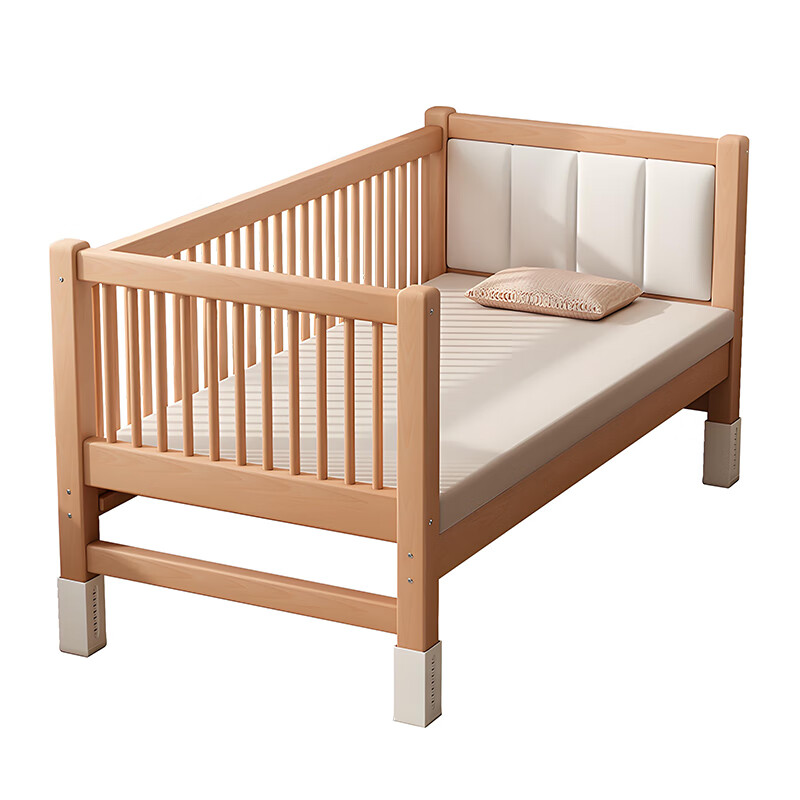 忆特佳榉木拼接床加宽床边小床带护栏宝宝婴儿床可调节带护栏实木单人床 三面护栏+8厘米空气纤维垫 200x100cm