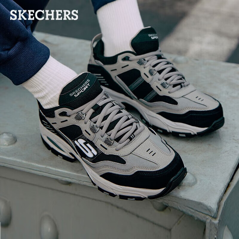 斯凯奇（Skechers）（Skechers）男鞋春季复古时尚潮流百搭运动舒适鞋厚底增高老爹鞋 木炭色/黑色/CCBK 42