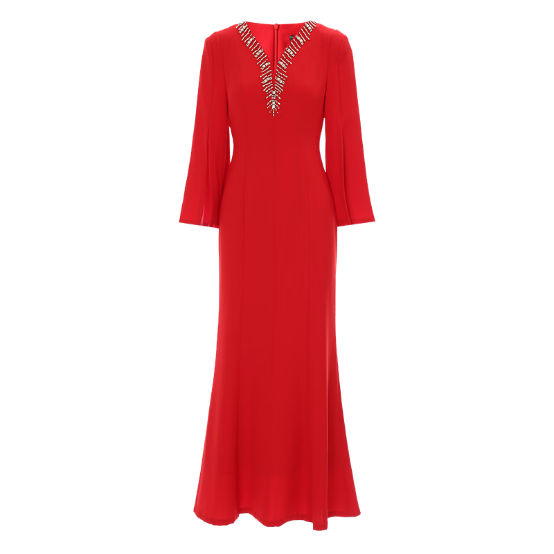 愛(ài)特愛(ài)（EITIE）騏驥紅V領(lǐng)手工釘鉆魚(yú)尾禮服連衣裙秋冬新款輕奢宴會(huì)女裝7977619 蒲粉66 S (155)