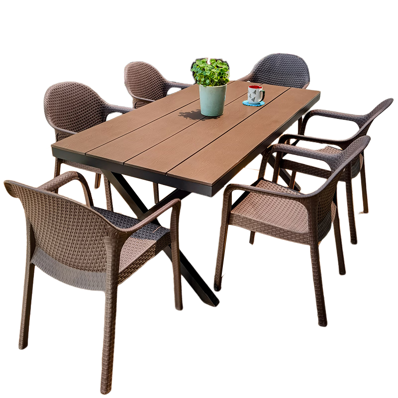 獵鋼狼戶外桌椅庭院花園仿藤椅防水防潮室外休閑露臺(tái)塑木桌椅套裝 【鋁合金】8椅+220*90CM大板長(zhǎng)桌